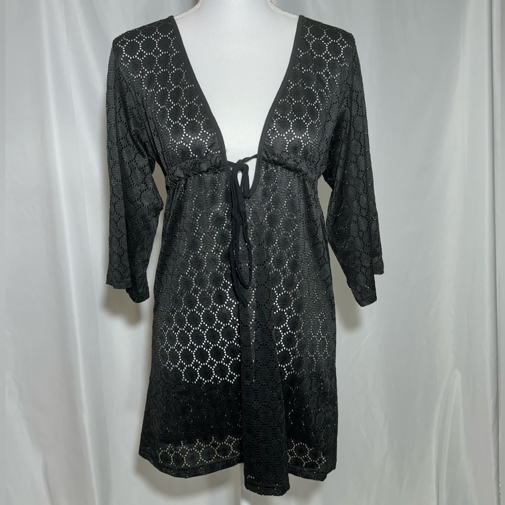Alexa & Stella NEW Black Lace Mini Swim Coverup 3/4 Sleeves  Women’s Medium